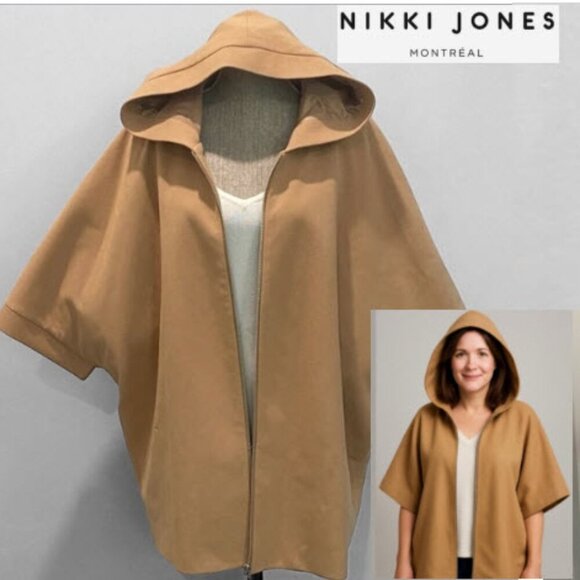 nikki Jones Jackets & Blazers - Nikki Jones Camel Hooded Cape Jacket M  Short Sleeve Zip-Up Montreal Outerwear